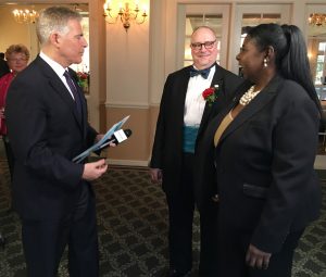 EPIC Award Honoree Steve Adubato speaks with Benjamin Evans, DD, DNP, RN, APN, chairman of the Institute for Nursing and NJSNA president-elect and Norma Rodgers, NJSNA president.