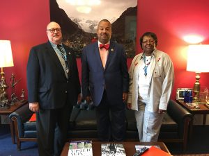 Dr. Benjamin Evans, president-elect of NJSNA (left) and Saundra Austin-Benn, NJSNA Board of Directors (right) met with U.S. Rep Donald Payne, Jr. (D-10) during the American Nurses Association Lobby Day to advocate for gun violence study, safe staffing, workforce development funding and access-to-care for veterans on June 23.