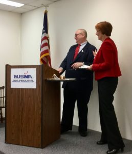 Benjamin Evans, DD, DNP, RN, APN, PHMCNS-BC, newly installed president of NJSNA and Kate Gillespie, MBA RN NE-BC, president-elect of NJSNA, share a moment during the installation ceremony at NJSNA headquarters in Trenton.